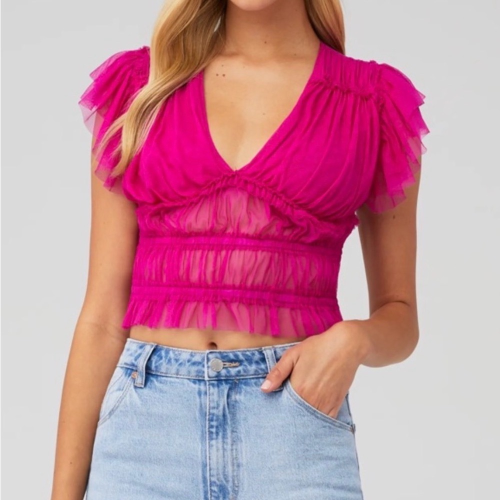 Free People Fuchsia Ruffle Sleeve Crop Top